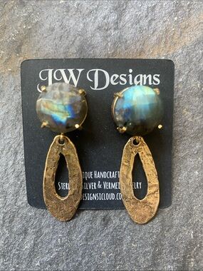 JW Designs Blue-Green Labradorite and Gold-Tone Hammered Drop Earrings